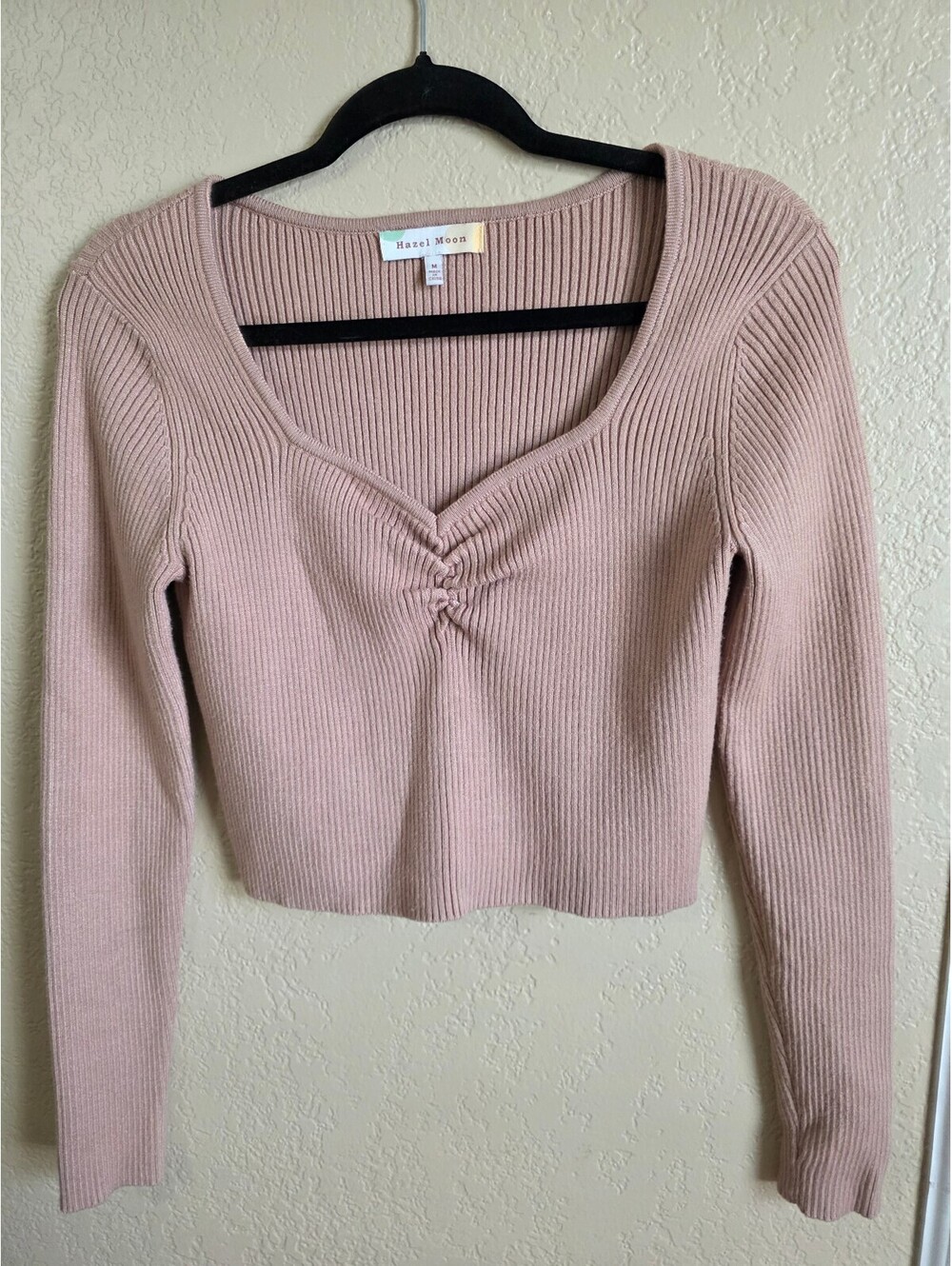 Hazel Moon Medium Pink Ribbed Knit Cropped Long Sleeve Top Size Medium